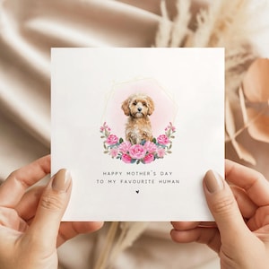 Peut inclure: Carte de vœux carrée avec une illustration à l'aquarelle d'un petit chien duveteux dans un cadre géométrique rose et doré, entouré de roses roses. Le texte dit : "Happy Mother's Day to my favourite human."