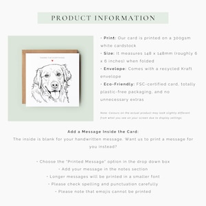Hand-drawn style dog thank you card featuring a sketch of a happy dog with a red heart above, personalised greeting text “Thanks Fur Everything”, minimalist white background with envelope behind.