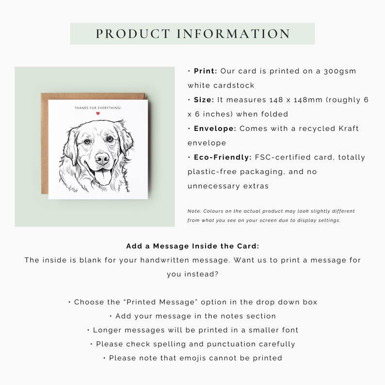 Hand-drawn style dog thank you card featuring a sketch of a happy dog with a red heart above, personalised greeting text “Thanks Fur Everything”, minimalist white background with envelope behind.
