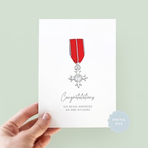 Printable Congratulations on Being Awarded an MBE Personalised Greeting Card, MBE Card, OBE Card, Damehood, Knighthood Honours List Card