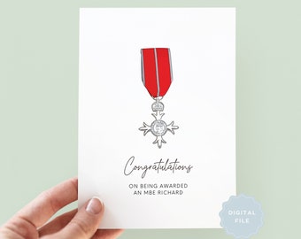 Congratulazioni stampabili per aver ricevuto un biglietto d'auguri personalizzato MBE, un biglietto MBE, un biglietto OBE, un titolo di dame, un biglietto con la lista degli onori del cavalierato