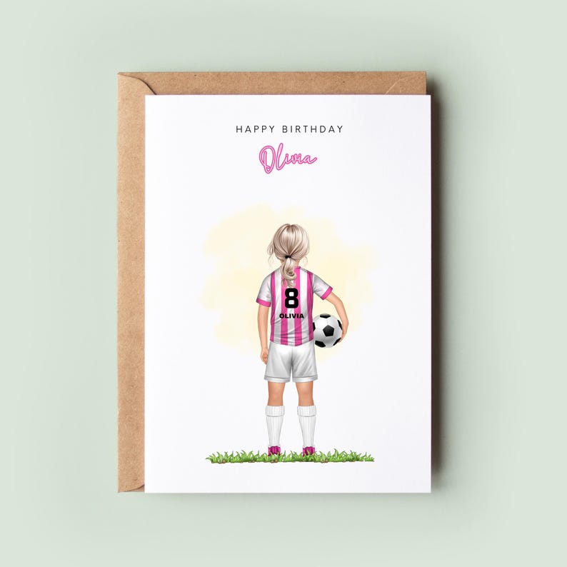 Personalised Girls Football Birthday Card with Custom Illustration