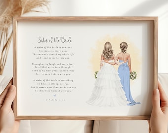 Personalised Sister of the Bride Print, Wedding Poem Keepsake, Custom Illustration Gift
