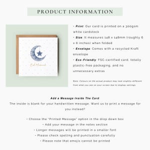 Elegant square Eid Mubarak card with a navy patterned crescent moon and hanging star, dotted gold stars on a white background and Eid Mubarak text in gold script.