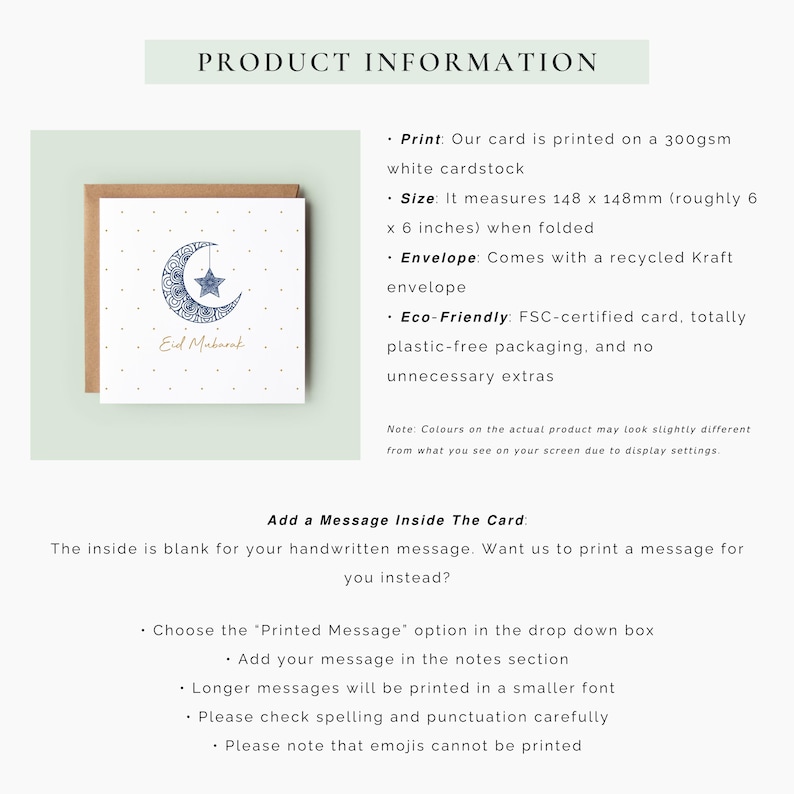 Elegant square Eid Mubarak card with a navy patterned crescent moon and hanging star, dotted gold stars on a white background and Eid Mubarak text in gold script.
