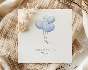Tarjeta personalizada para bebé niño / Recuerdo de bienvenida al mundo / Diseño de globo de corazón azul / Tarjeta personalizada para anunciar el nacimiento del bebé o para recién nacido