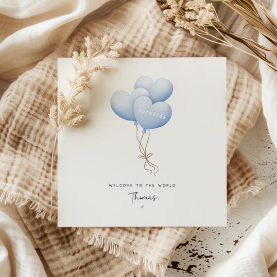 Personalised New Baby Boy Card | Welcome to the World Keepsake | Blue Heart Balloon Design | Custom Baby Announcement or Newborn Card