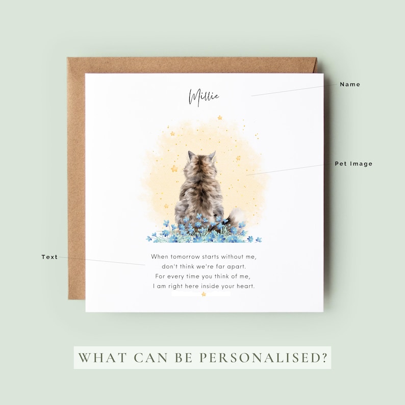 Square white cat loss sympathy card with yellow watercolour background, personalised back-view cat illustration and remembrance poem, supplied with a white plantable seed paper heart embedded with forget-me-not and poppy seeds, kraft envelope behind on a soft green background.