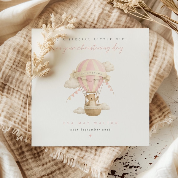 Personalised Girl Christening Day Card | Hot Air Balloon Teddy Bear Keepsake