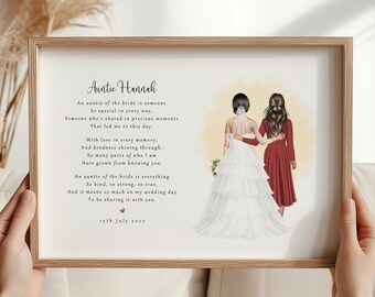 Personalised Aunt of Bride Wedding Print, Custom Illustration Poem Keepsake Wall Art