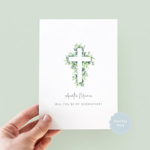 Tarjeta de propuesta de ¿Quieres ser mi madrina? personalizada e imprimible / Tarjeta de bautismo o bautizo con cruz de eucalipto / Tarjeta de padrino o madrina