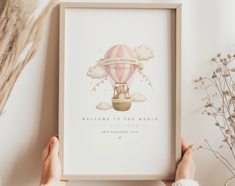 Personalised Baby Girl Birth Print Pink Hot Air Balloon Nursery Wall Art Name Date
