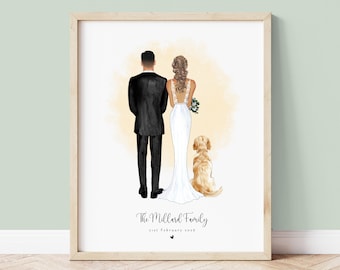 Personalised Bride and Groom Wedding Print with Dog | Newlywed Couple Pet Portrait | Custom Mr & Mrs Gift | Wedding Keepsake with Pet