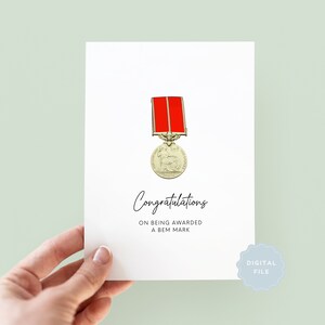 Printable Congratulations on Being Awarded a BEM Personalised Greeting Card, MBE Card, OBE Card, Damehood, Knighthood Honours List Card