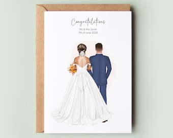 Personalised Bride and Groom Wedding Card – Custom Mr and Mrs Card | Wedding Day Congratulations | Illustrated Newlywed Keepsake