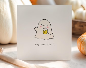 Funny Halloween Beer Card | Hey Boo'tiful Ghost Card | Halloween Card for Beer Lover | Cute Ghost Greeting Card | Spooky Friend Card