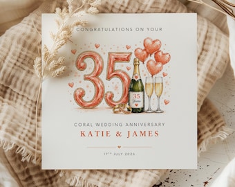 Tarjeta personalizada de 35º aniversario de bodas / Tarjeta de aniversario de bodas color coral / Tarjeta de 35 años de casados / Regalo de aniversario personalizado