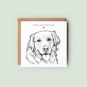 Hand-drawn style dog thank you card featuring a sketch of a happy dog with a red heart above, personalised greeting text “Thanks Fur Everything”, minimalist white background with envelope behind.
