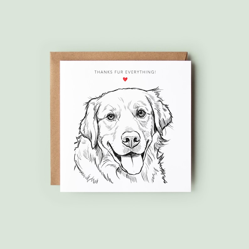 Hand-drawn style dog thank you card featuring a sketch of a happy dog with a red heart above, personalised greeting text “Thanks Fur Everything”, minimalist white background with envelope behind.