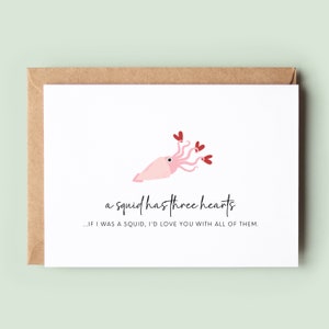 Un calmar a trois coeurs, carte d'anniversaire pour lui, carte d'anniversaire pour elle, joyeux anniversaire, carte de Saint-Valentin, carte de petite amie