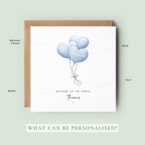 Personalised new baby boy card with blue heart balloons and birth date, featuring the name “Thomas” and soft neutral styling – a keepsake welcome to the world card.
