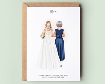 Personalised Mum Mom Wedding Thank You Card - Custom Mum or Mom Appreciation, Illustrated Bride and Mother Keepsake, Wedding Card for Mum