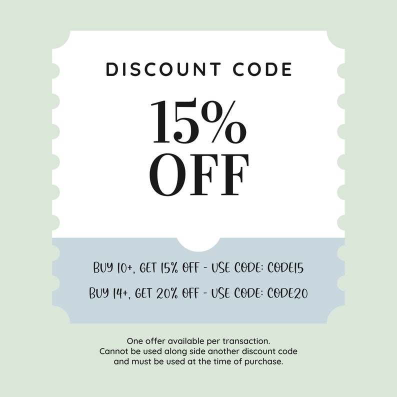 Peut inclure: Un coupon blanc avec un bord festonn&eacute; et les mots "CODE DE R&Eacute;DUCTION" en haut. Le texte "15% DE R&Eacute;DUCTION" est en grandes lettres en gras. En dessous, il est indiqu&eacute; "ACHETEZ 10+, OBTENEZ 15% DE R&Eacute;DUCTION - CODE UTILIS&Eacute;: CODE15" et "ACHETEZ 14+, OBTENEZ 20% DE R&Eacute;DUCTION - CODE UTILIS&Eacute;: CODE20".