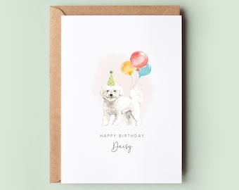 May include: A white dog wearing a green party hat and holding balloons. The card reads "Happy Birthday Daisy".