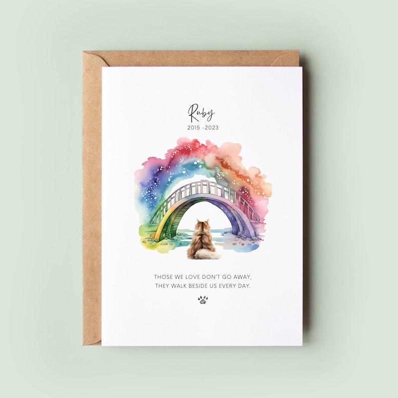 Personalised cat loss sympathy card with rainbow bridge artwork