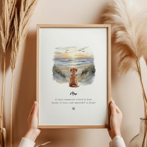 Personalised dog remembrance print featuring a dog sitting in a scenic landscape with the quote “A loyal companion is hard to find, harder to leave, and impossible to forget.”