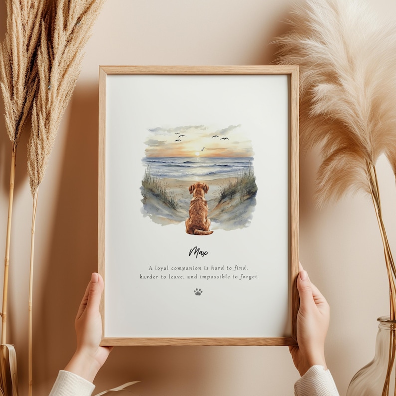 Personalised dog remembrance print featuring a dog sitting in a scenic landscape with the quote “A loyal companion is hard to find, harder to leave, and impossible to forget.”