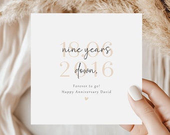 9th Anniversary Card - Nine Years Down, Personalised Date