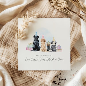 Personalised birthday card featuring four dogs and cats wearing party hats, surrounded by presents. Includes the message “Love Charlie, Oscar, Delilah & Stevie” in a watercolour style.