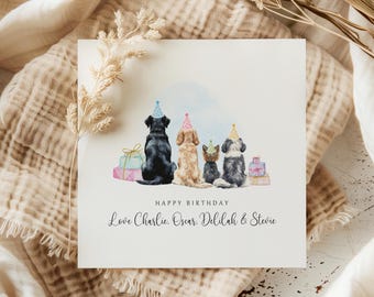 Pet Birthday Card from Dogs or Cats | Custom 4 Pet Card for Mum, Dad, Wife | Personalised Dog and Cat Birthday Card with Names & Hats