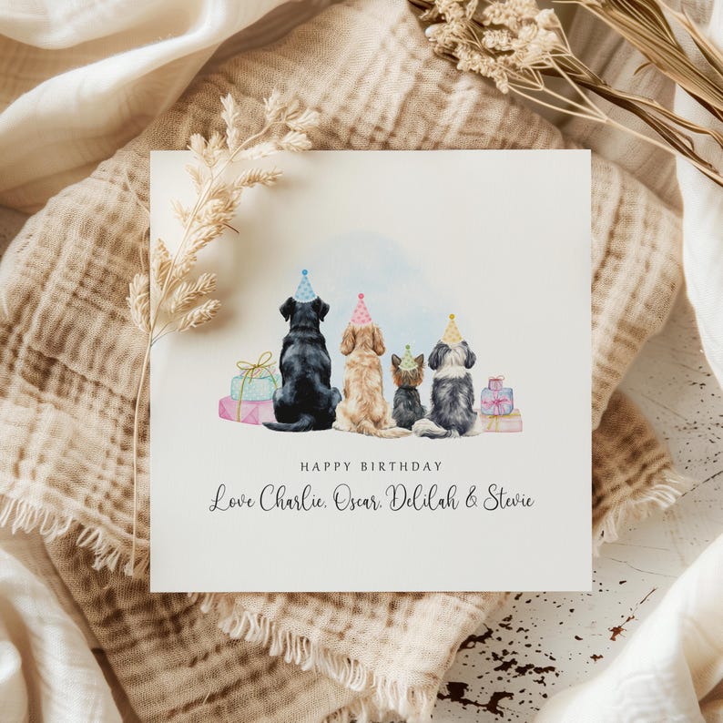 Personalised birthday card featuring four dogs and cats wearing party hats, surrounded by presents. Includes the message “Love Charlie, Oscar, Delilah & Stevie” in a watercolour style.