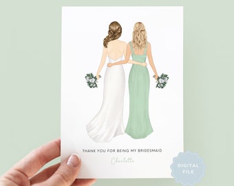 Printable Personalised Bridesmaid Thank You Card, Maid of Honour Thank you Card, Customisable Bridesmaid Card, Wedding Thank You