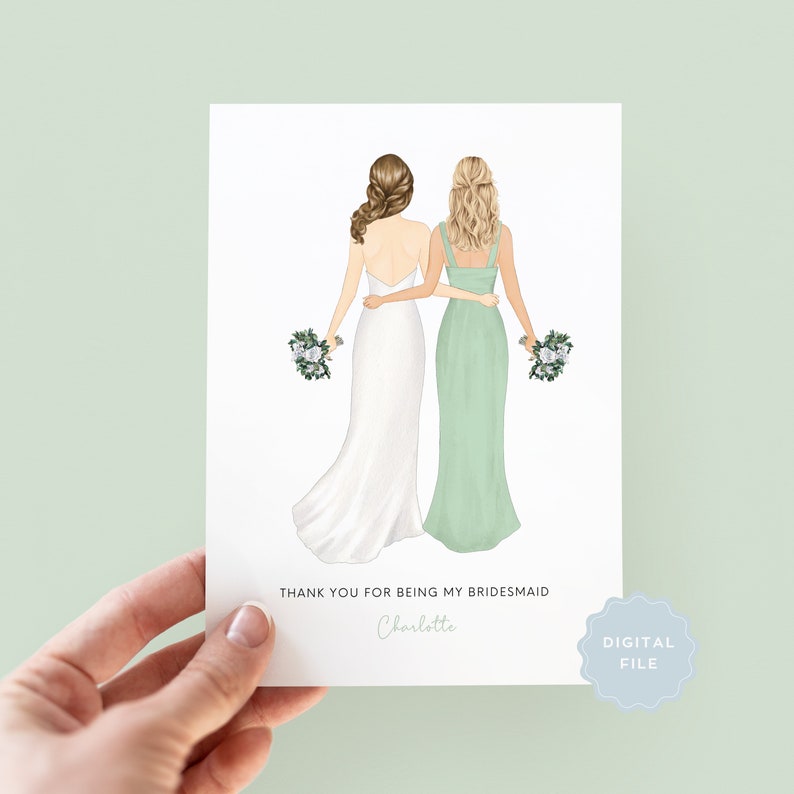 Printable Personalised Bridesmaid Thank You Card, Maid of Honour Thank you Card, Customisable Bridesmaid Card, Wedding Thank You image 1