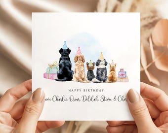 Pet Birthday Card from Pets | Personalised 5 Pet Dog & Cat Card for Mum, Dad, Wife | Custom Watercolour Pet Birthday Card with Names