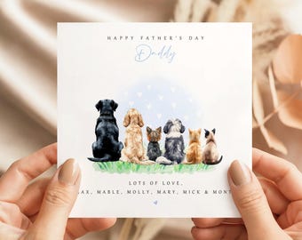 Tarjeta personalizada para el Día del Padre para papás de perros y gatos, ilustración personalizada de mascotas en acuarela, regalo para papá de cualquier raza y seis mascotas.