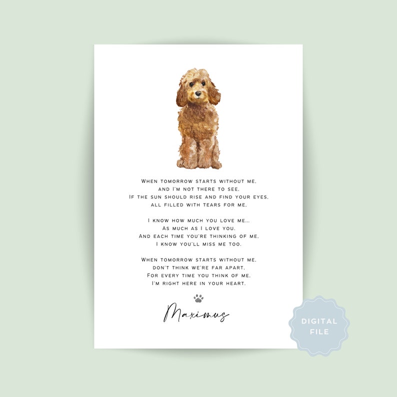 Op de afbeelding: Een aquarel-illustratie van een bruine en witte hond met de tekst "WHEN TOMORROW STARTS WITHOUT ME. AND I'M NOT THERE TO SEE. IF THE SUN SHOULD RISE AND FIND YOUR EYES, ALL FILLED WITH TEARS FOR ME. I KNOW HOW MUCH YOU LOVE ME... AS MUCH AS I LOVE YOU. AND EACH TIME YOU'RE THINKING OF ME. I KNOW YOU'LL MISS ME TOO. WHEN TOMORROW STARTS WITHOUT ME. DON'T THINK WE'RE FAR APART. FOR EVERY TIME YOU THINK OF ME. I'M RIGHT HERE IN YOUR HEART. Maximus"