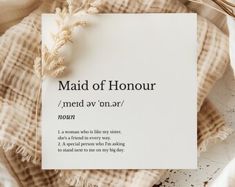 Maid of Honour Definition Card, Maid of Honour Proposal & Thank You Card