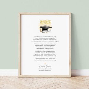 May include: A graduation certificate featuring a gold graduation cap and diploma. The text reads "2025" and includes a poem about achieving goals and celebrating success. The certificate is signed "Emma Brown" and states "University of Newcastle BASc Arts and Science".