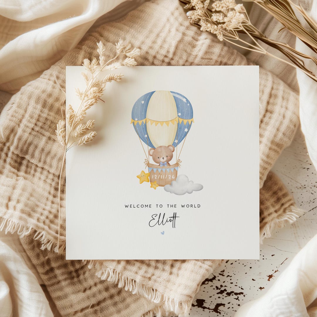 Personalised Baby Boy Card | Teddy Hot Air Balloon New Baby Card | Baby ...