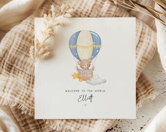 Personalisierte Baby Jungen Karte | Teddy Heißluftballon Neue Baby Karte | Baby Name Andenken | Willkommens-Baby-Karte für Jungen