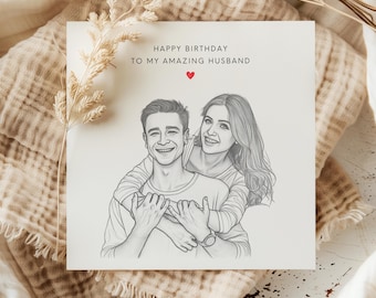 Tarjeta de cumpleaños con boceto personalizado / Tarjeta con retrato a lápiz personalizado para esposo, esposa, novio o amigo