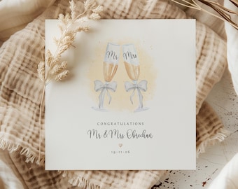 Personalised Wedding Card – Champagne Flutes Watercolour, Mr & Mrs Keepsake