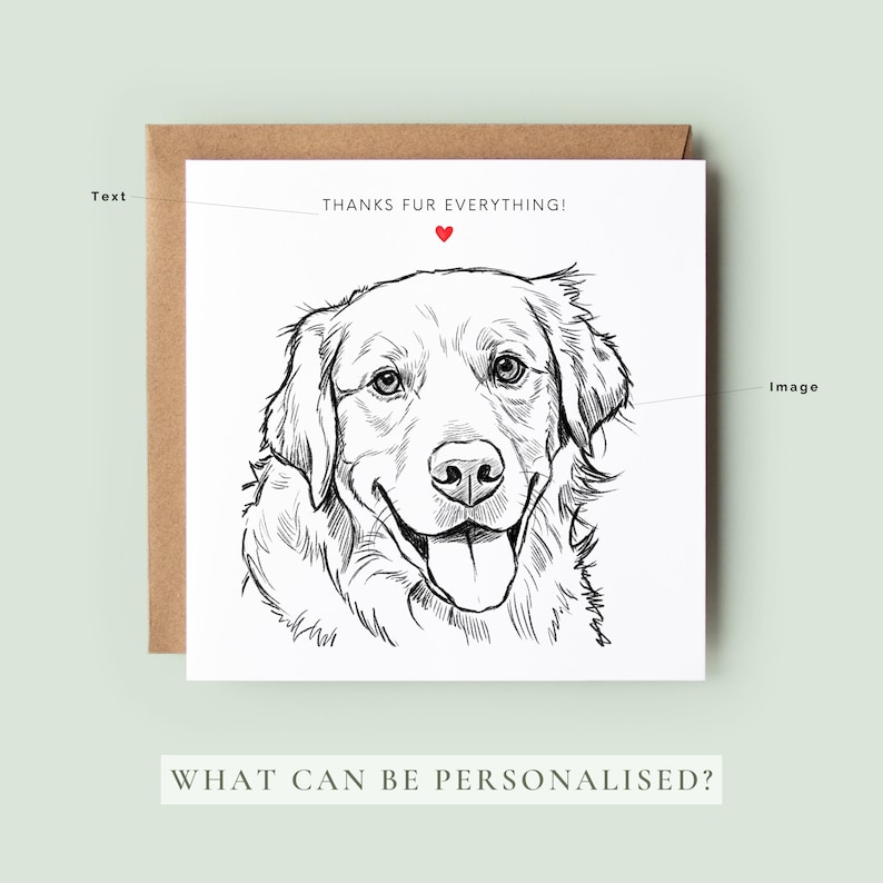 Hand-drawn style dog thank you card featuring a sketch of a happy dog with a red heart above, personalised greeting text “Thanks Fur Everything”, minimalist white background with envelope behind.