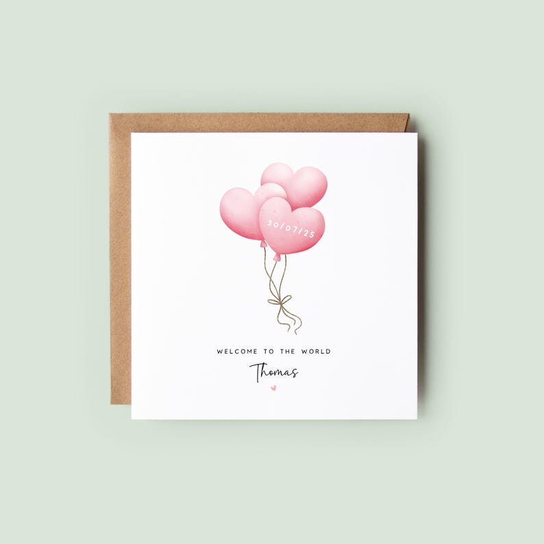 Personalised new baby boy card with blue heart balloons and birth date, featuring the name “Thomas” and soft neutral styling – a keepsake welcome to the world card.