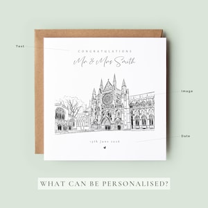 Personalised wedding card featuring a detailed hand-drawn sketch of a cathedral wedding venue with elegant typography and a custom date, set on a neutral textured background with minimalist styling.