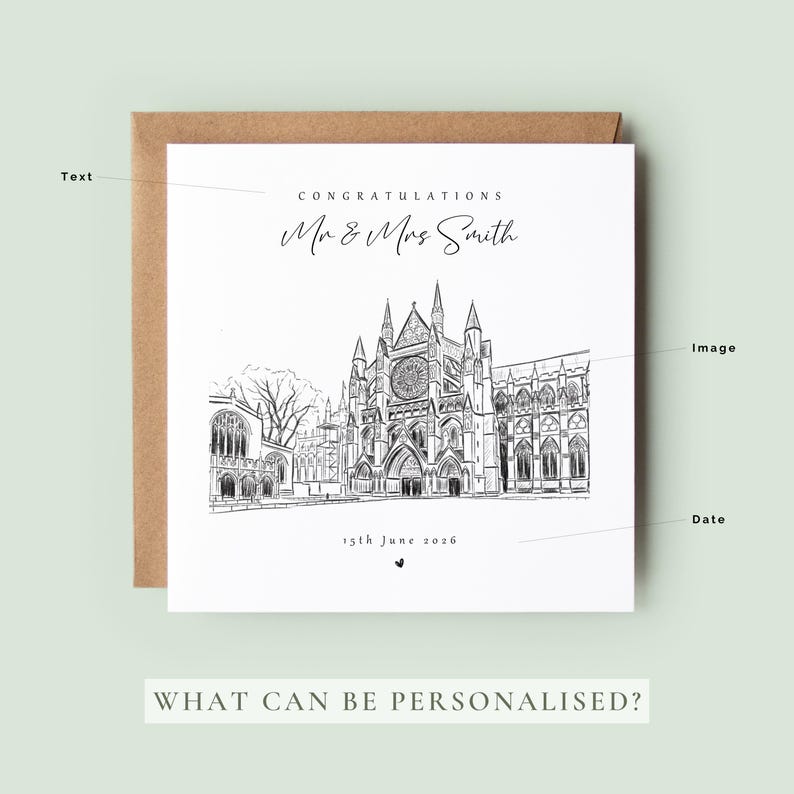 Personalised wedding card featuring a detailed hand-drawn sketch of a cathedral wedding venue with elegant typography and a custom date, set on a neutral textured background with minimalist styling.